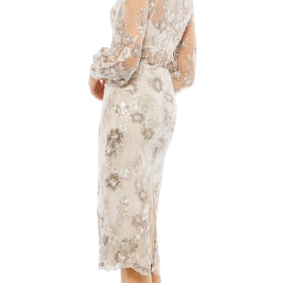 MAC DUGGAL 70237 EMBELLISHED HIGH NECK ILLUSIONS LONG SLEEVE MOCHA MIDI DRESS 8 - Picture 3 of 5